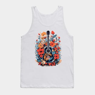 Acoustic Guitar Retro Red Roses Orange Poppies Nature Groovy Tank Top